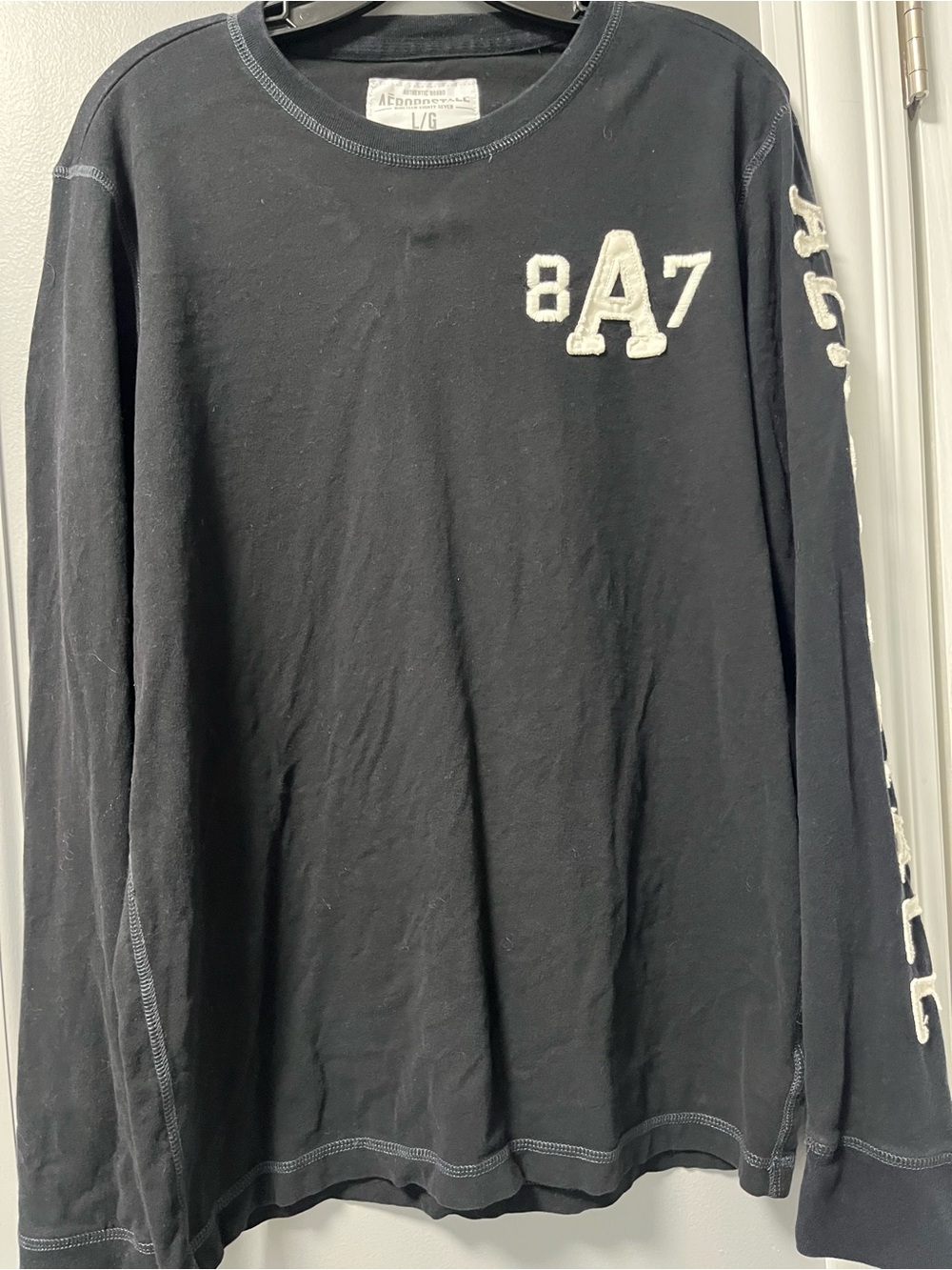 Aeropostale Black Long-Sleeve Tee with White Chenille '8A7' Detail